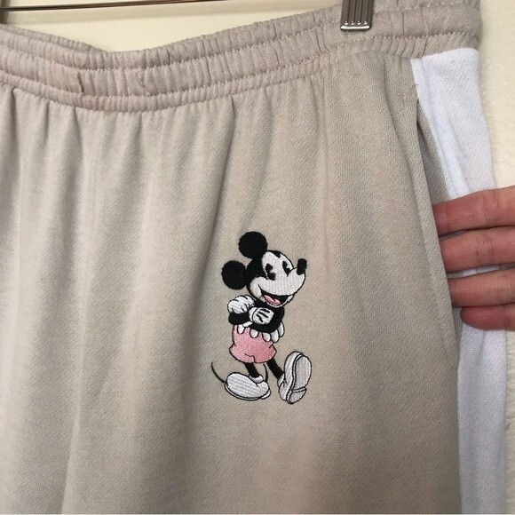 Disney Mickey Mouse Sweatpants Beige White Tuxedo Stripe Embroidered Pockets XL - Picture 3 of 12